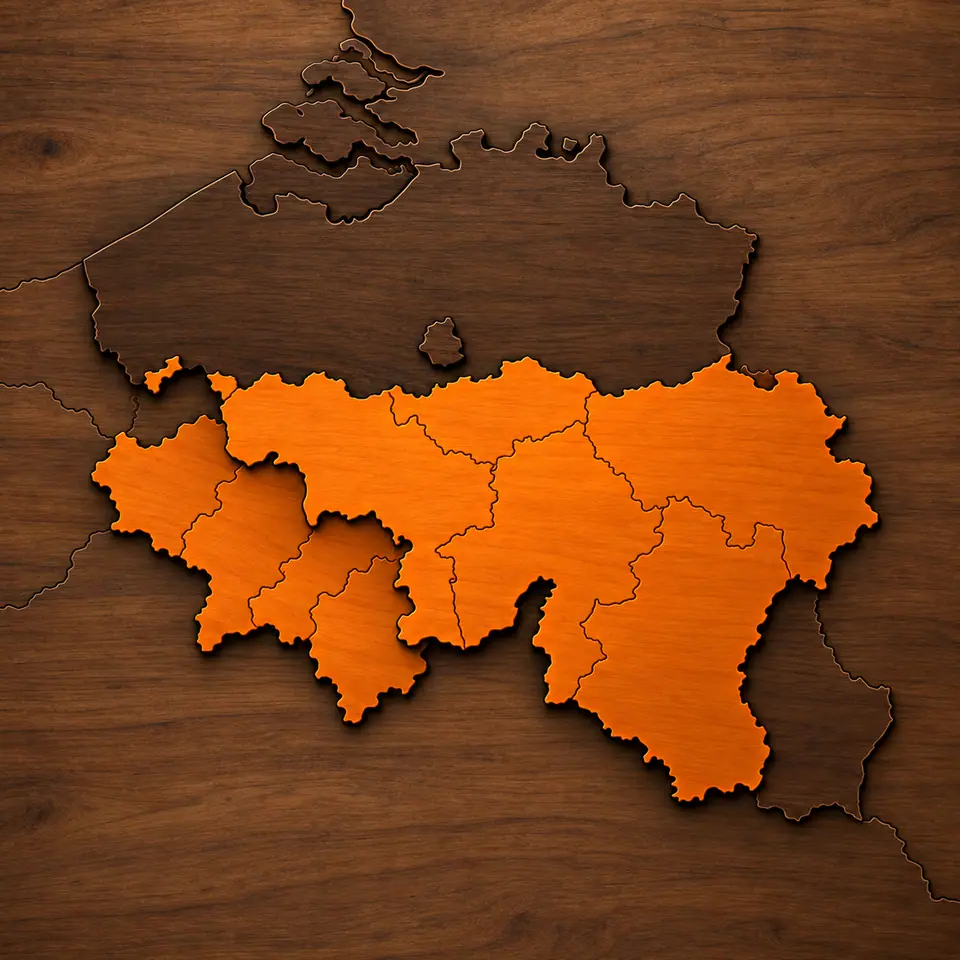 Carte de la Belgique gravee dans le bois, les cinq provinces wallonnes ressorties en orange