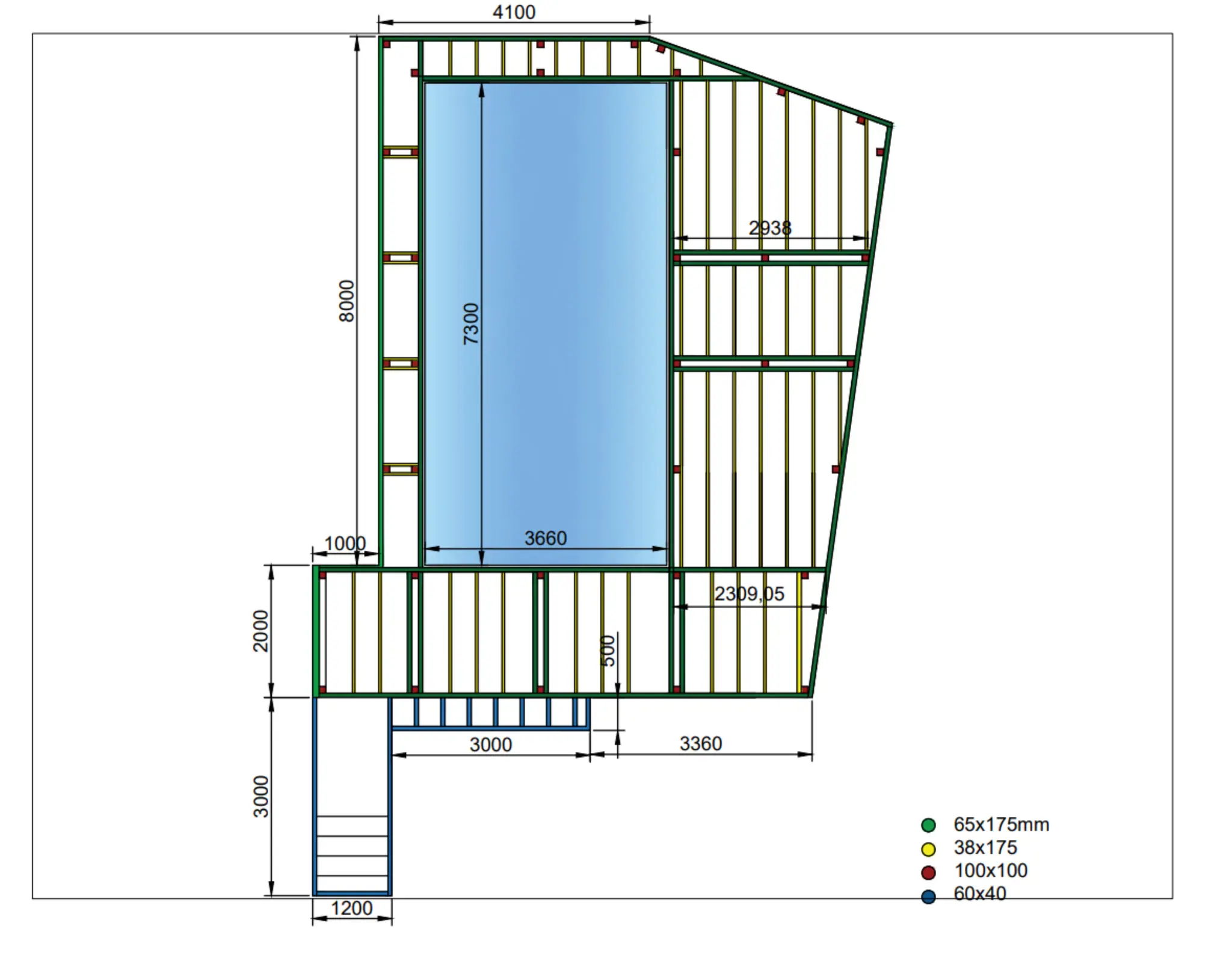 Le plan d’exécution de la terrasse : le bassin coté 7 300 sur 3 660 mm, la terrasse sur 8 000 mm de profondeur, l’emmarchement de 1 200 mm, et la légende des quatre sections de bois