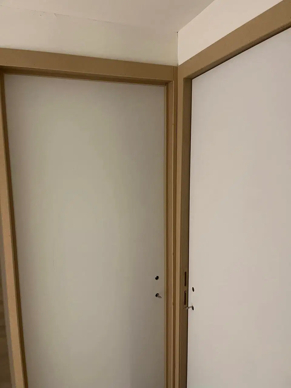 Des portes intérieures blanches à chambranles de bois — en fin de chantier