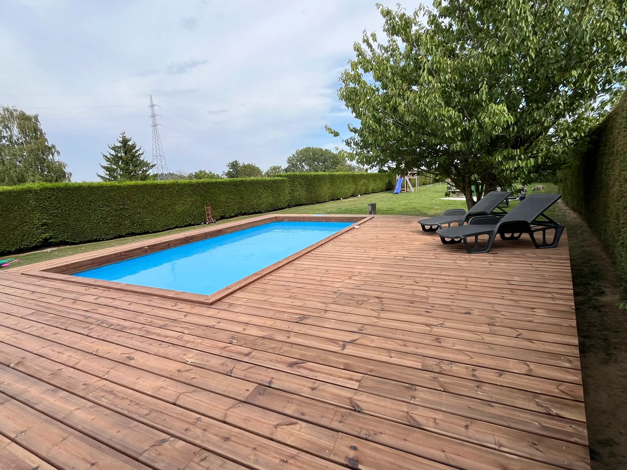 Le plateau de la terrasse et le bassin affleurant, transats le long de la haie